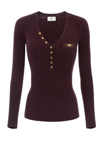 ELISABETTA FRANCHI Elisabetta Franchi geribte top met v hals en borstzakje en gouden details Merlot / Bordeauxrood