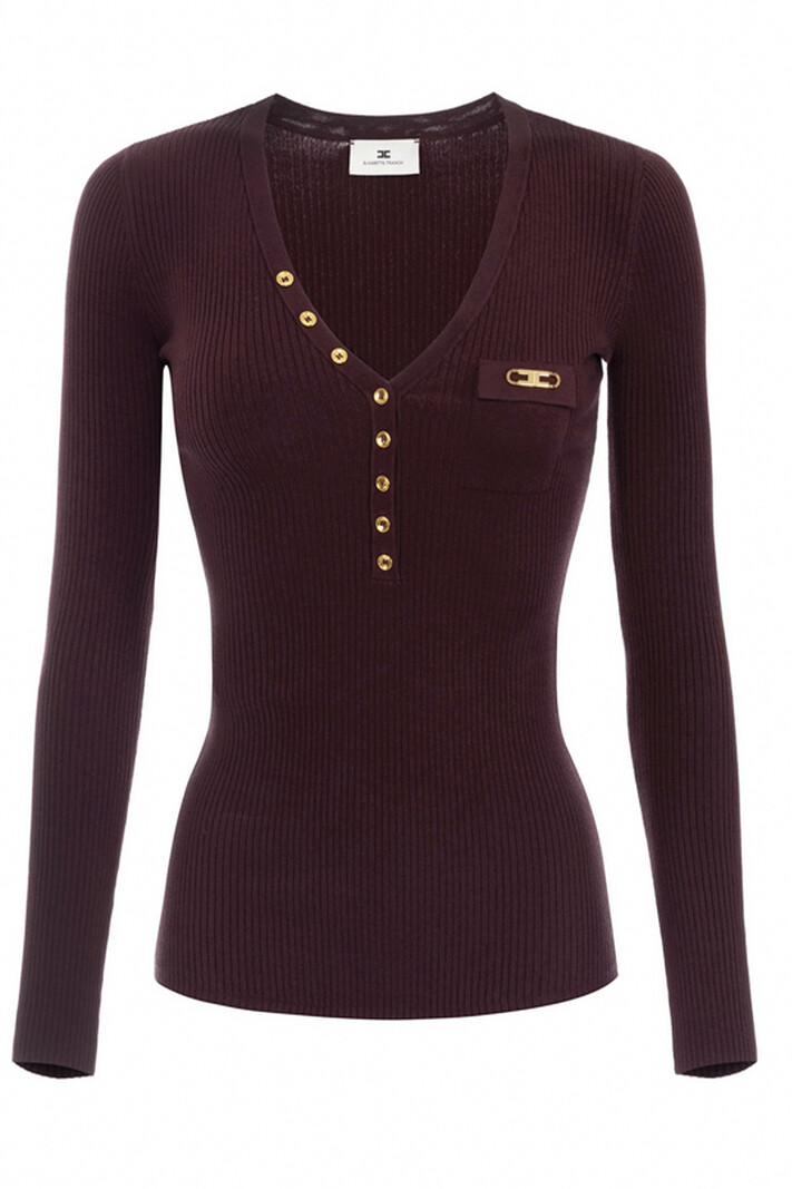 ELISABETTA FRANCHI Elisabetta Franchi ribbed top with V-neck, chest pocket, and gold details Merlot / Bordeaux red