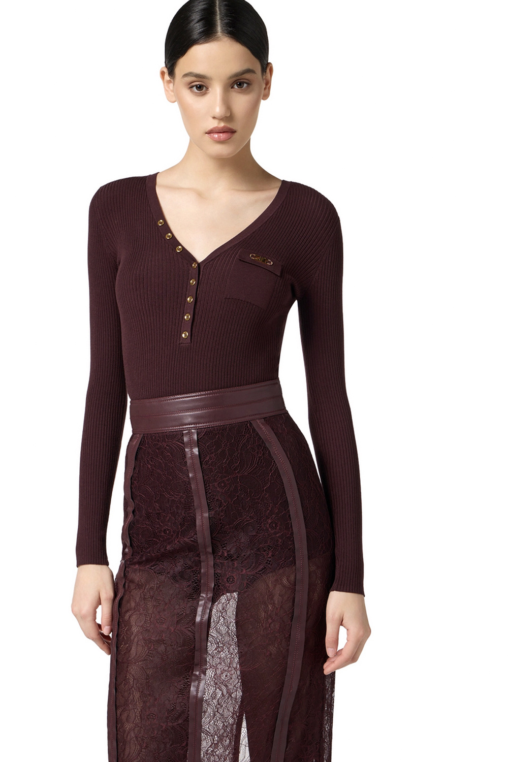 ELISABETTA FRANCHI Elisabetta Franchi geribte top met v hals en borstzakje en gouden details Merlot / Bordeauxrood