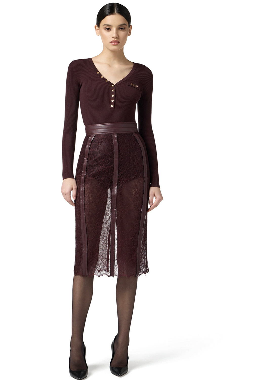 ELISABETTA FRANCHI Elisabetta Franchi geribte top met v hals en borstzakje en gouden details Merlot / Bordeauxrood