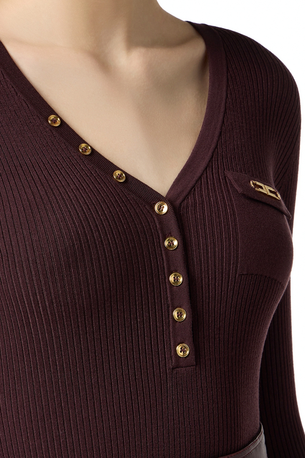 ELISABETTA FRANCHI Elisabetta Franchi geribte top met v hals en borstzakje en gouden details Merlot / Bordeauxrood