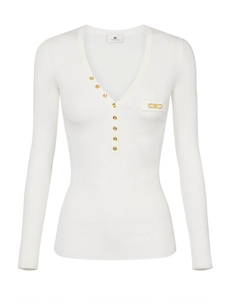 ELISABETTA FRANCHI Elisabetta Franchi geribte top met v hals en borstzakje en gouden details Avorio room WIT