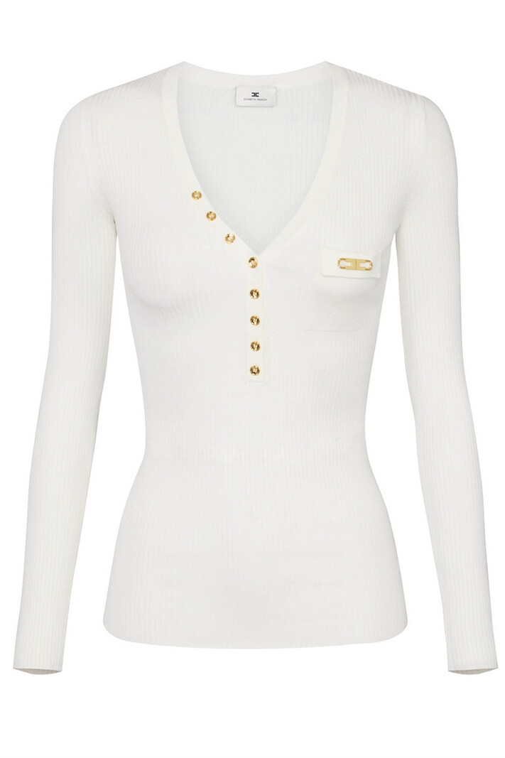 ELISABETTA FRANCHI Elisabetta Franchi ribbed top with V-neck, chest pocket, and gold details Avorio cream WHITE