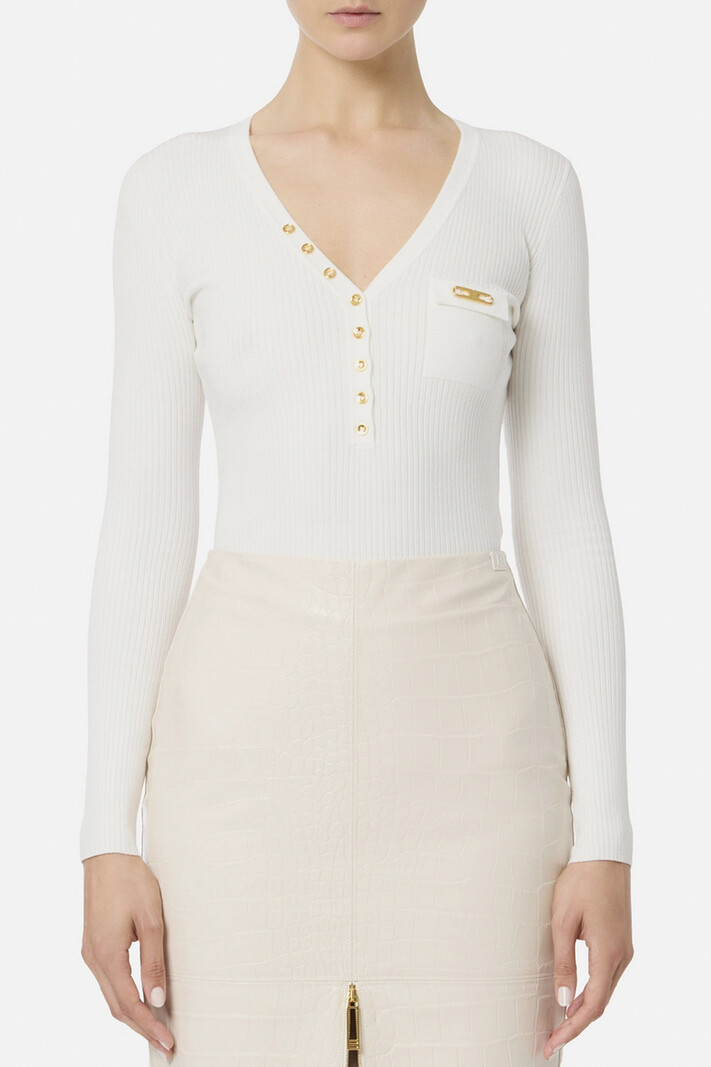 ELISABETTA FRANCHI Elisabetta Franchi ribbed top with V-neck, chest pocket, and gold details Avorio cream WHITE