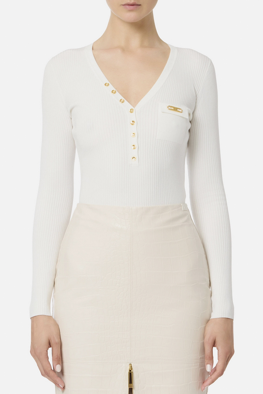 ELISABETTA FRANCHI Elisabetta Franchi geribte top met v hals en borstzakje en gouden details room WIT