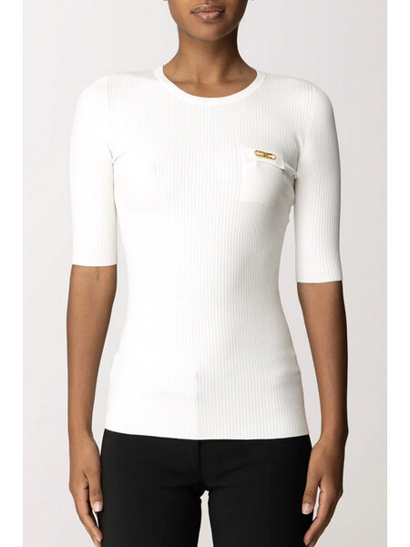 ELISABETTA FRANCHI Elisabetta Franchi ribbed top with chest pocket and gold logo ivory / cream WHITE