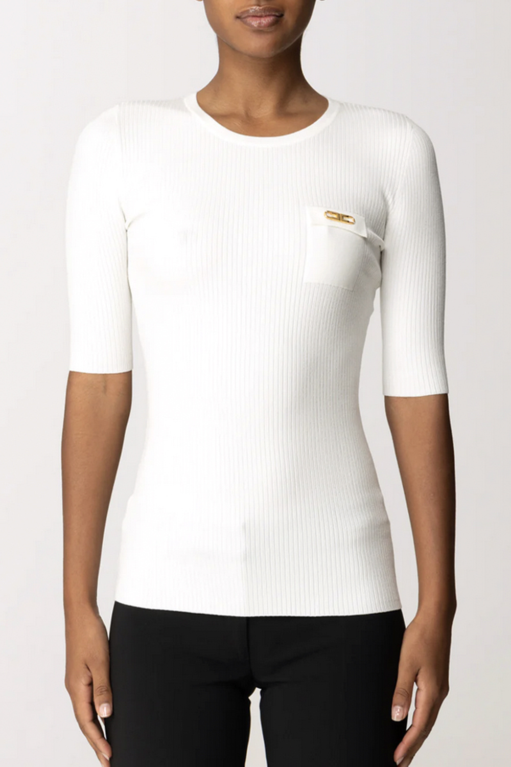 ELISABETTA FRANCHI Elisabetta Franchi ribbed top with chest pocket and gold logo ivory / cream WHITE
