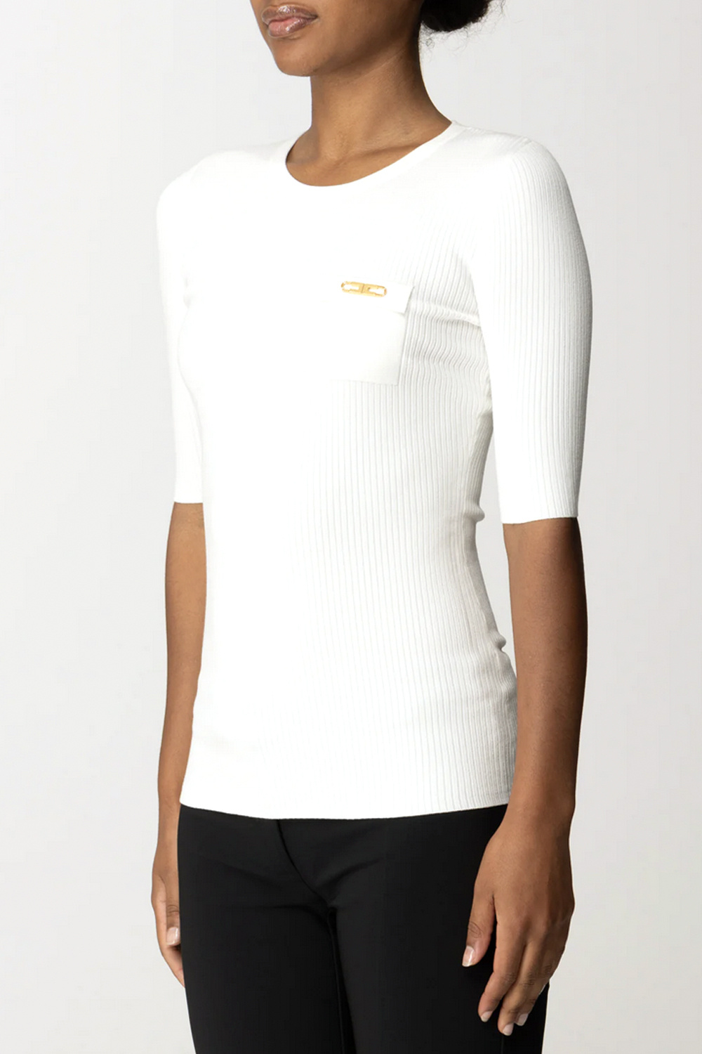 ELISABETTA FRANCHI Elisabetta Franchi ribbed top with chest pocket and gold logo ivory / cream WHITE