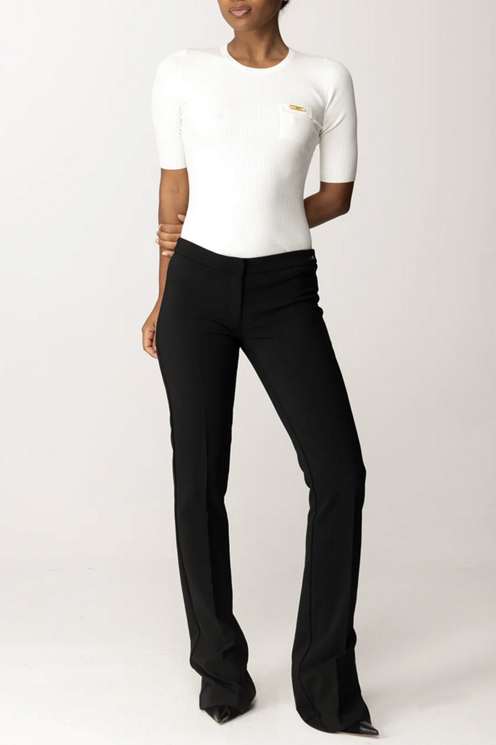 ELISABETTA FRANCHI Elisabetta Franchi ribbed top with chest pocket and gold logo ivory / cream WHITE