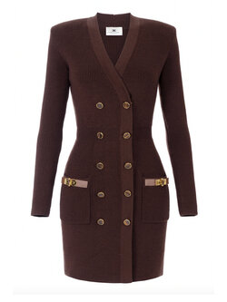 ELISABETTA FRANCHI Elisabetta Franchi gebreide jurk met deco gouden details coffee / BRUIN