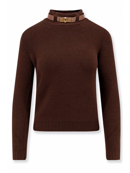 ELISABETTA FRANCHI Elisabetta Franchi gebreide top met lederen detail bij hals coffee / BRUIN