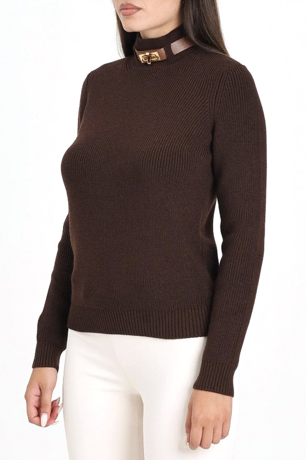 ELISABETTA FRANCHI Elisabetta Franchi knitted top with leather detail at the neck coffee / BROWN