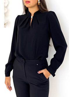 RINASCIMENTO Rinascimento blouse met lichte pofmouw glitter steen bij hals ZWART