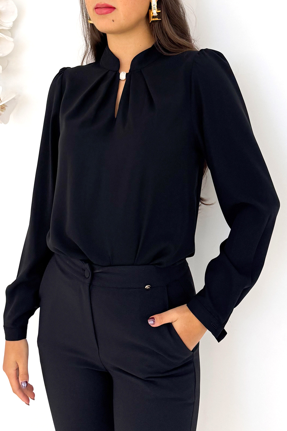 RINASCIMENTO Rinascimento blouse with light puff sleeves and glitter stone at the neckline BLACK