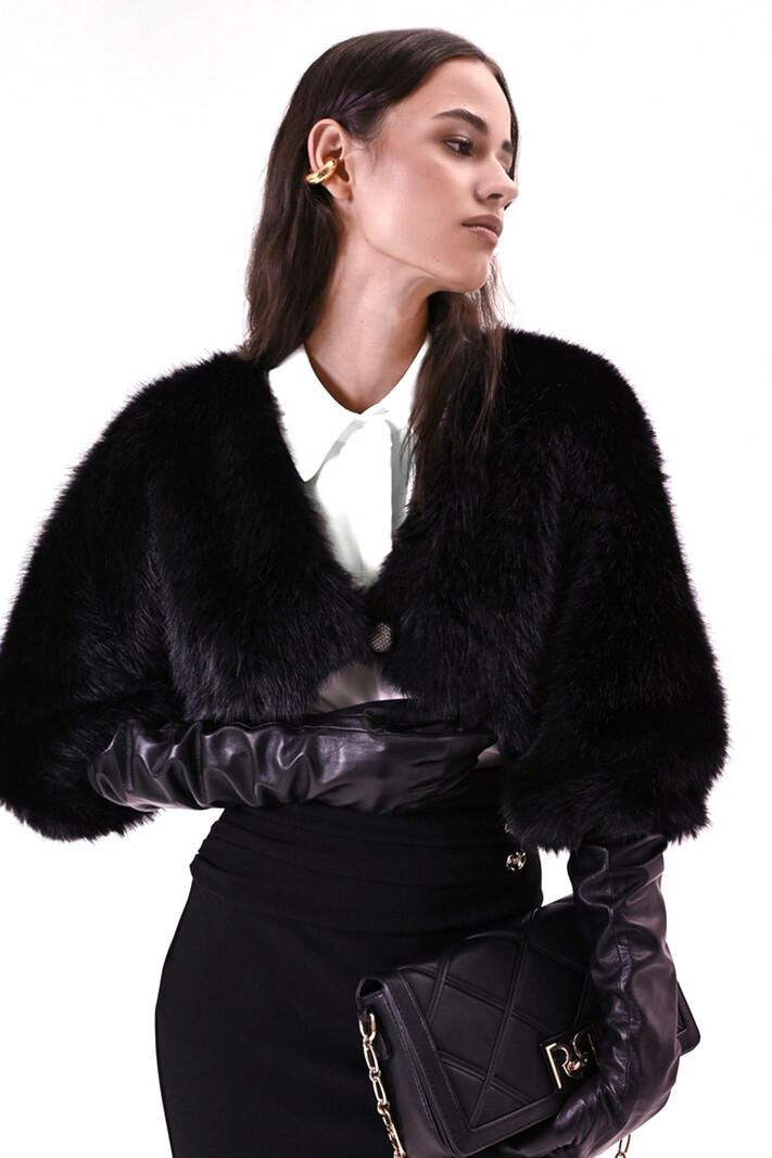 RINASCIMENTO Rinascimento faux fur bolero / kort bont jasje met glitter detail ZWART