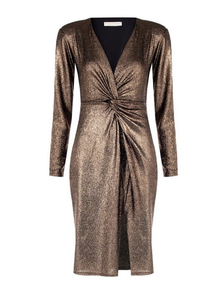 RINASCIMENTO Rinascimento party dress with V-neck in glitter fabric Gold / BROWN