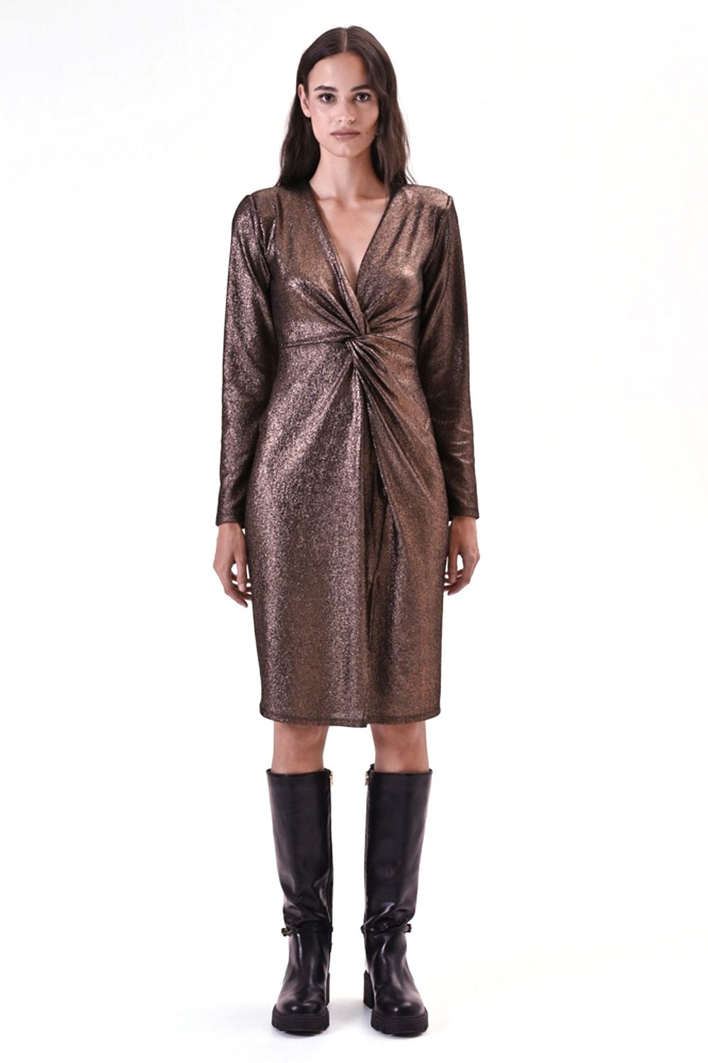 RINASCIMENTO Rinascimento party dress with V-neck in glitter fabric Gold / BROWN