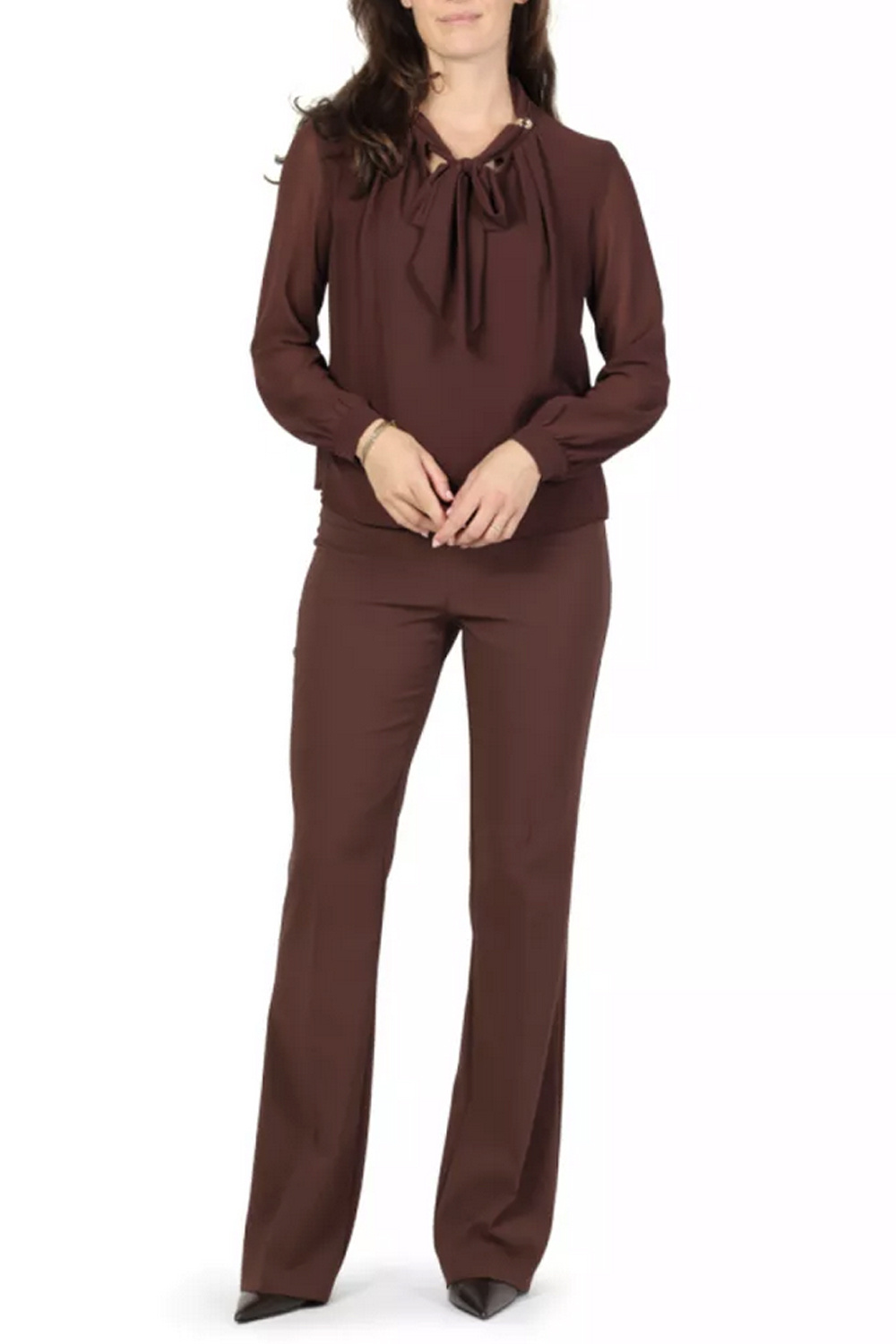 RINASCIMENTO Rinascimento blouse with scarf and gold details at the collar, chocolate brown / BROWN