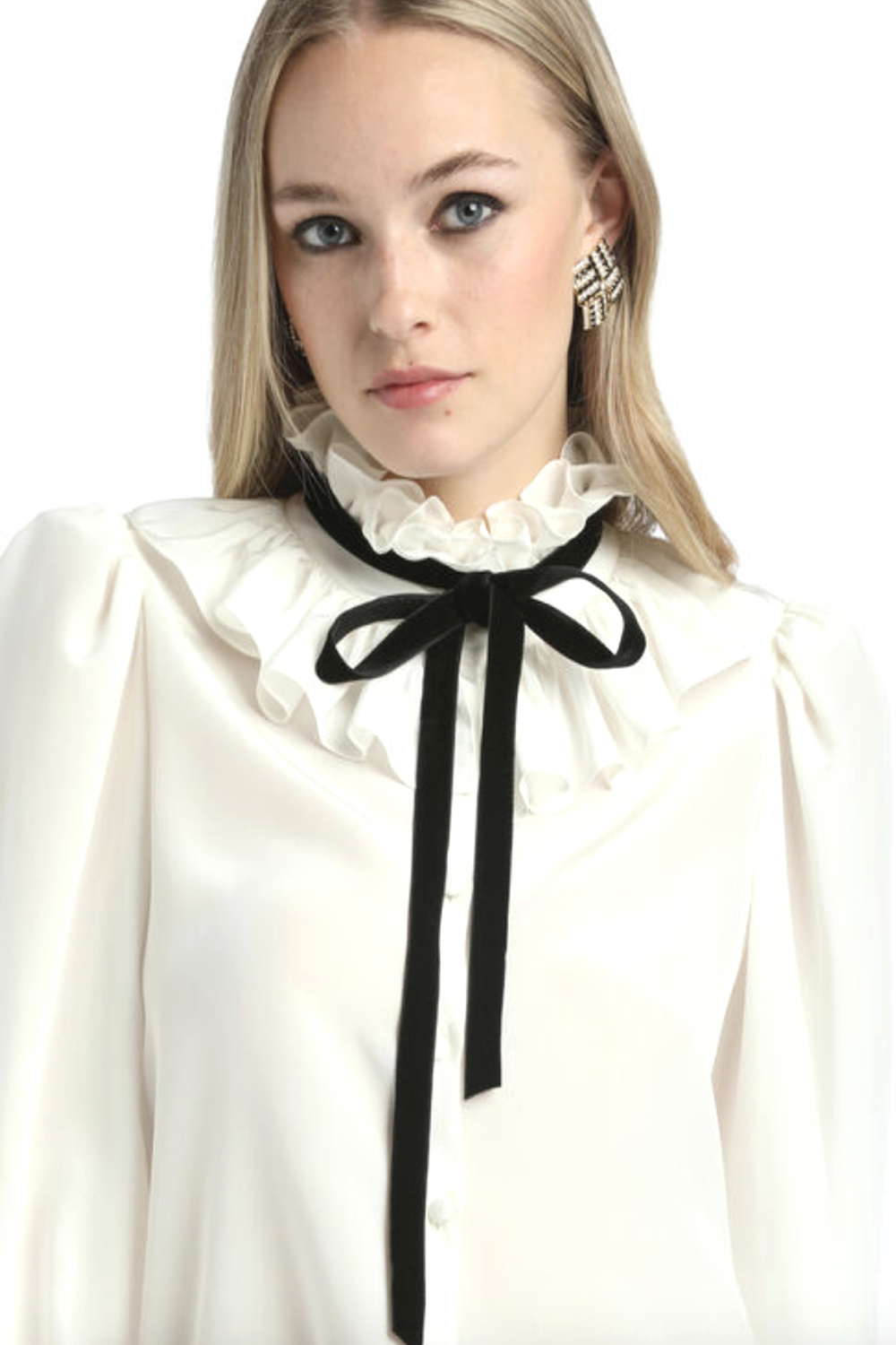 LUISA SPAGNOLI Luisa Spagnoli Lento blouse met ruches en zwarte strik WIT