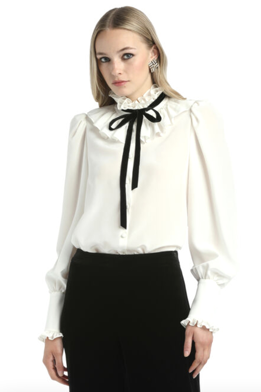 LUISA SPAGNOLI Luisa Spagnoli Lento blouse met ruches en zwarte strik WIT