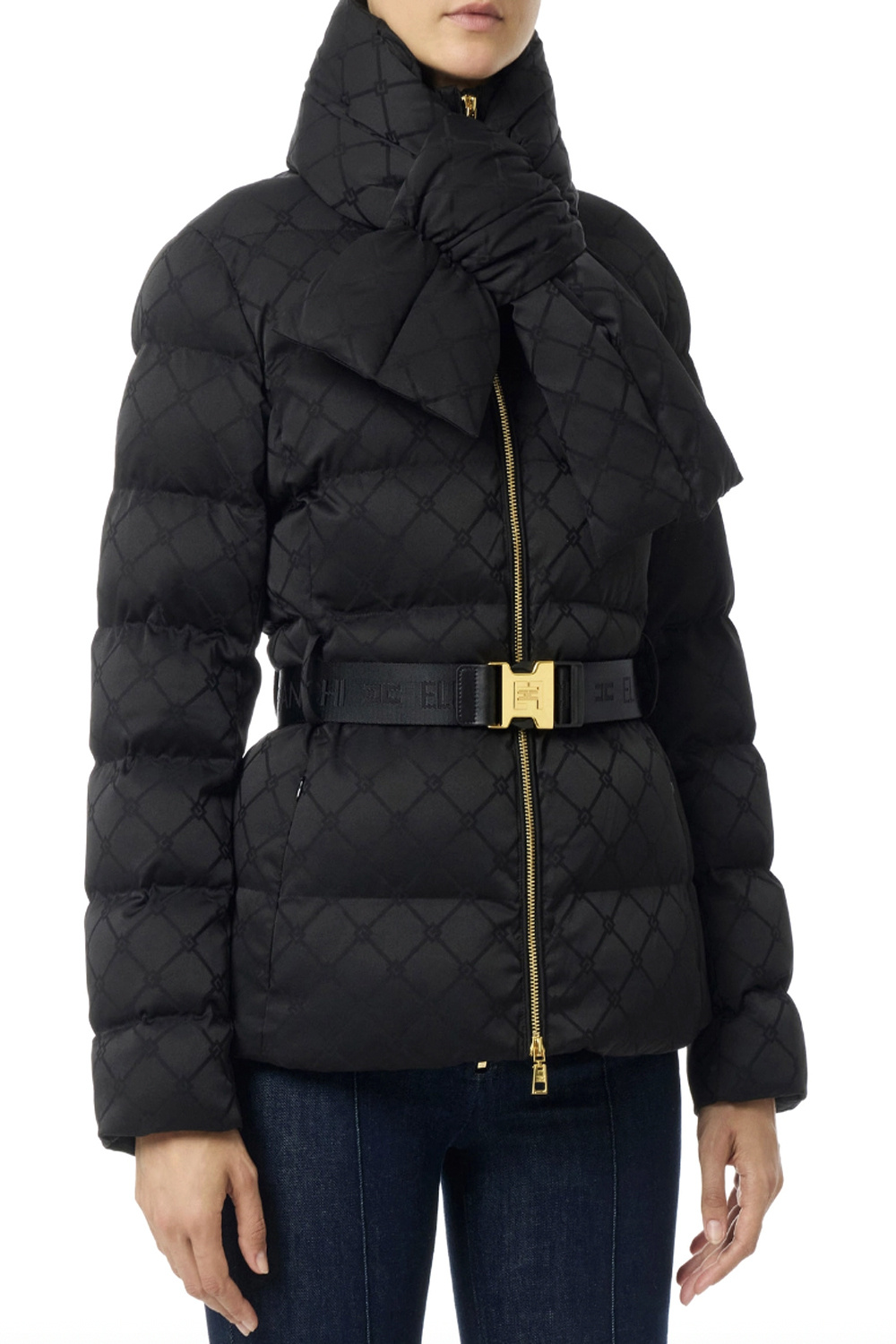 ELISABETTA FRANCHI Elisabetta Franchi gewatteerde jas in jacquardstof met riem Nero / ZWART