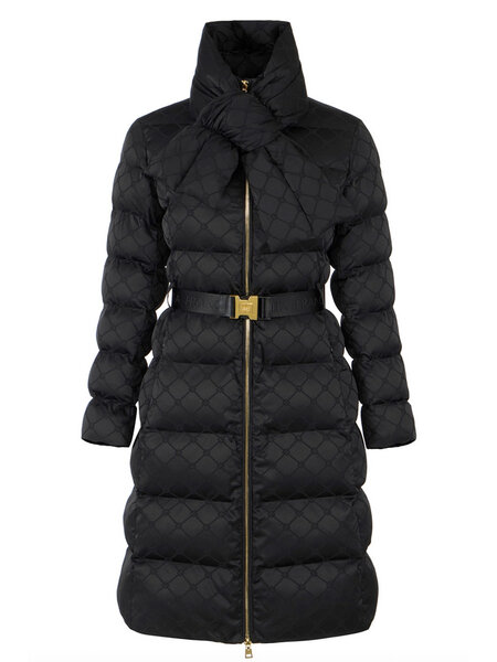 ELISABETTA FRANCHI Elisabetta Franchi lange gewatteerde jas in jacquardstof en riem Nero / ZWART