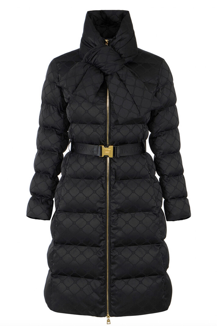 ELISABETTA FRANCHI Elisabetta Franchi lange gewatteerde jas in jacquardstof en riem Nero / ZWART