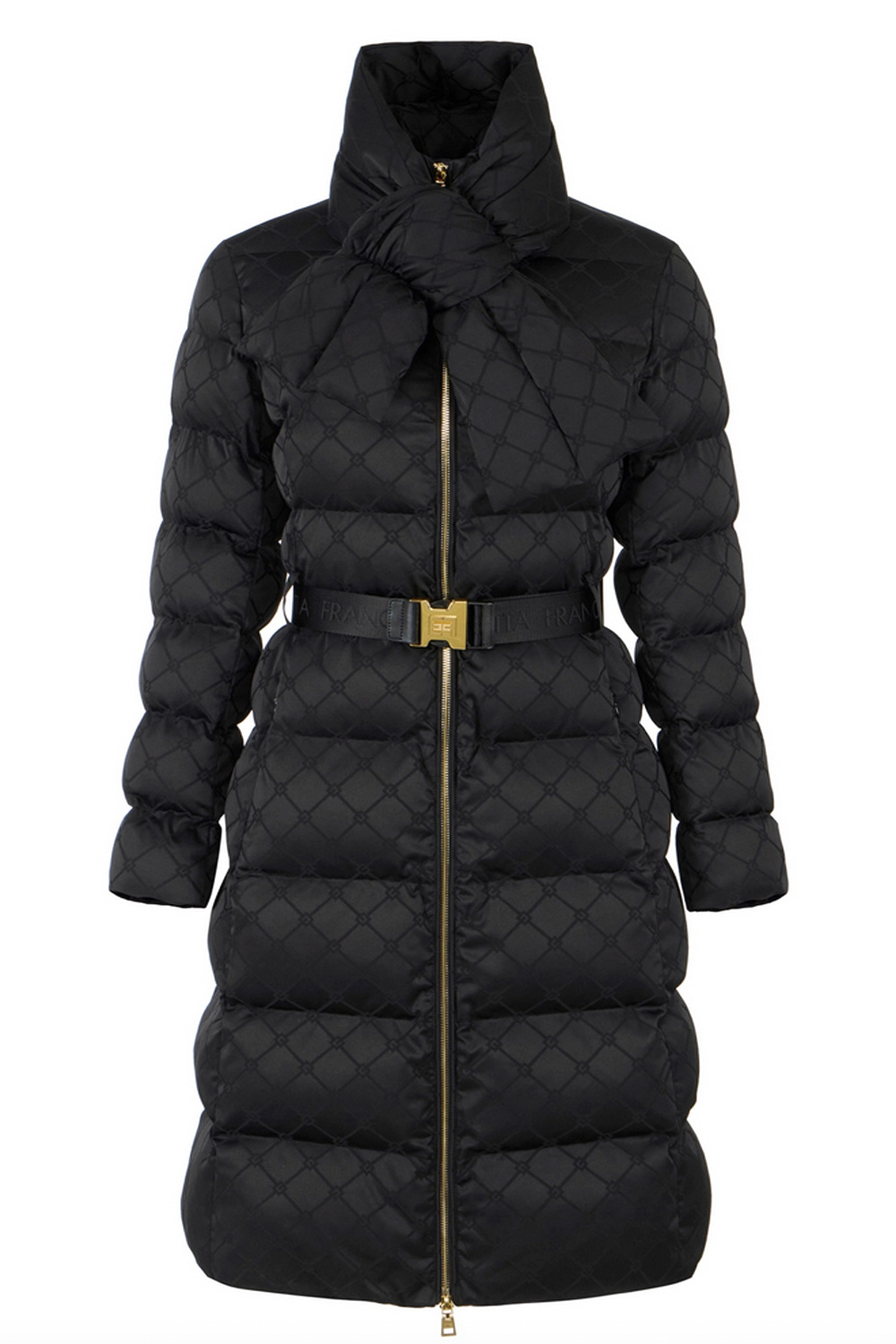 ELISABETTA FRANCHI Elisabetta Franchi lange gewatteerde jas in jacquardstof en riem Nero / ZWART