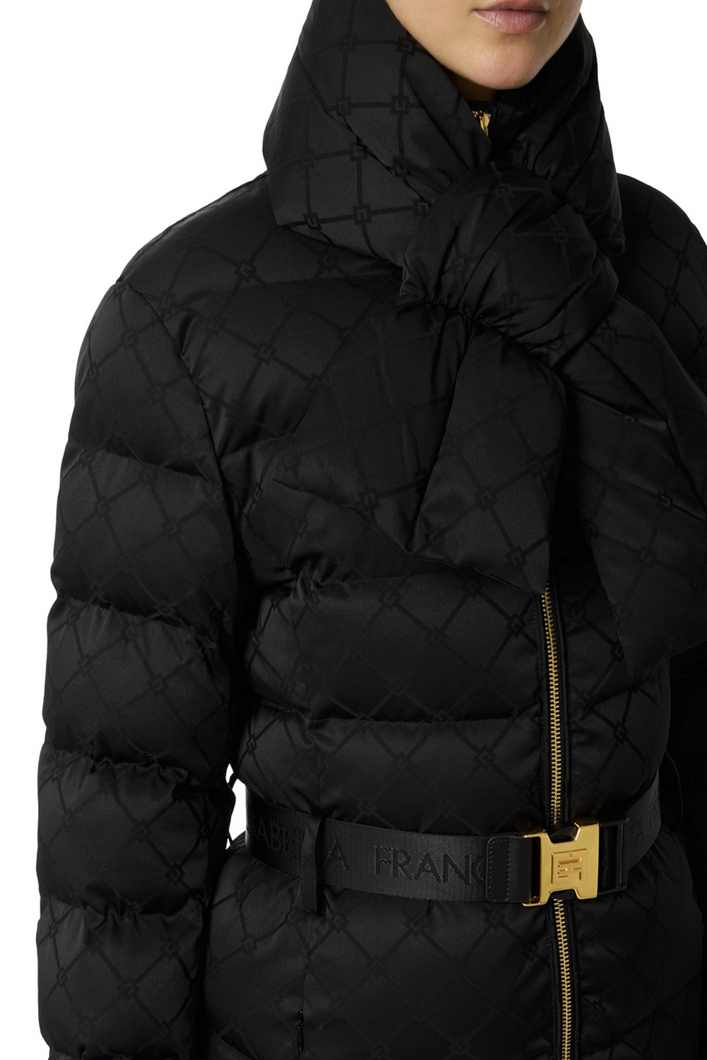 ELISABETTA FRANCHI Elisabetta Franchi lange gewatteerde jas in jacquardstof en riem Nero / ZWART