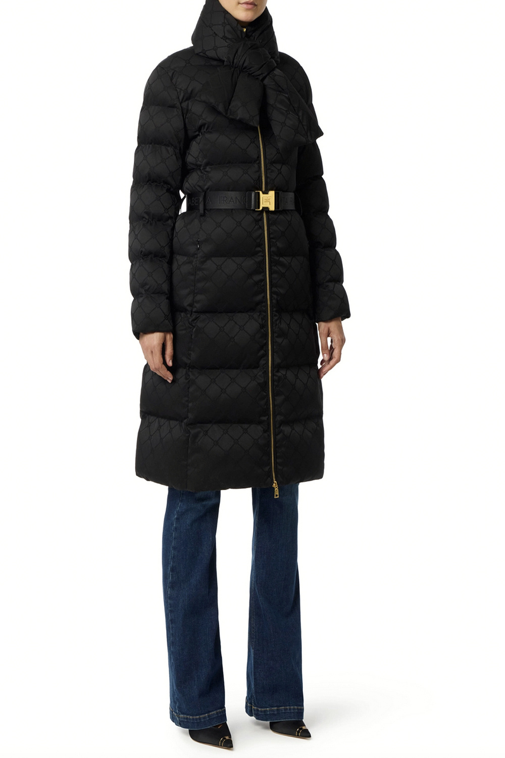 ELISABETTA FRANCHI Elisabetta Franchi lange gewatteerde jas in jacquardstof en riem Nero / ZWART