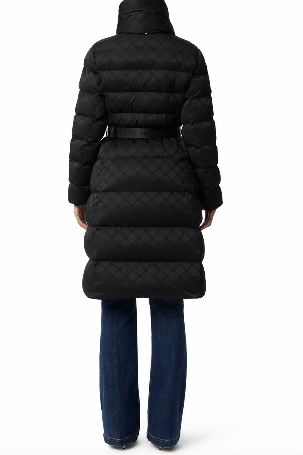 ELISABETTA FRANCHI Elisabetta Franchi lange gewatteerde jas in jacquardstof en riem Nero / ZWART