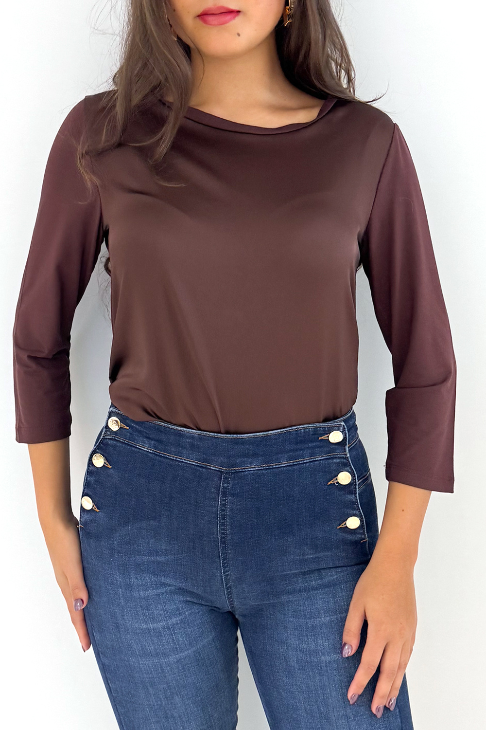 RINASCIMENTO Rinascimento top halflange mouw stretch kwaliteit chocoladebruin / BRUIN