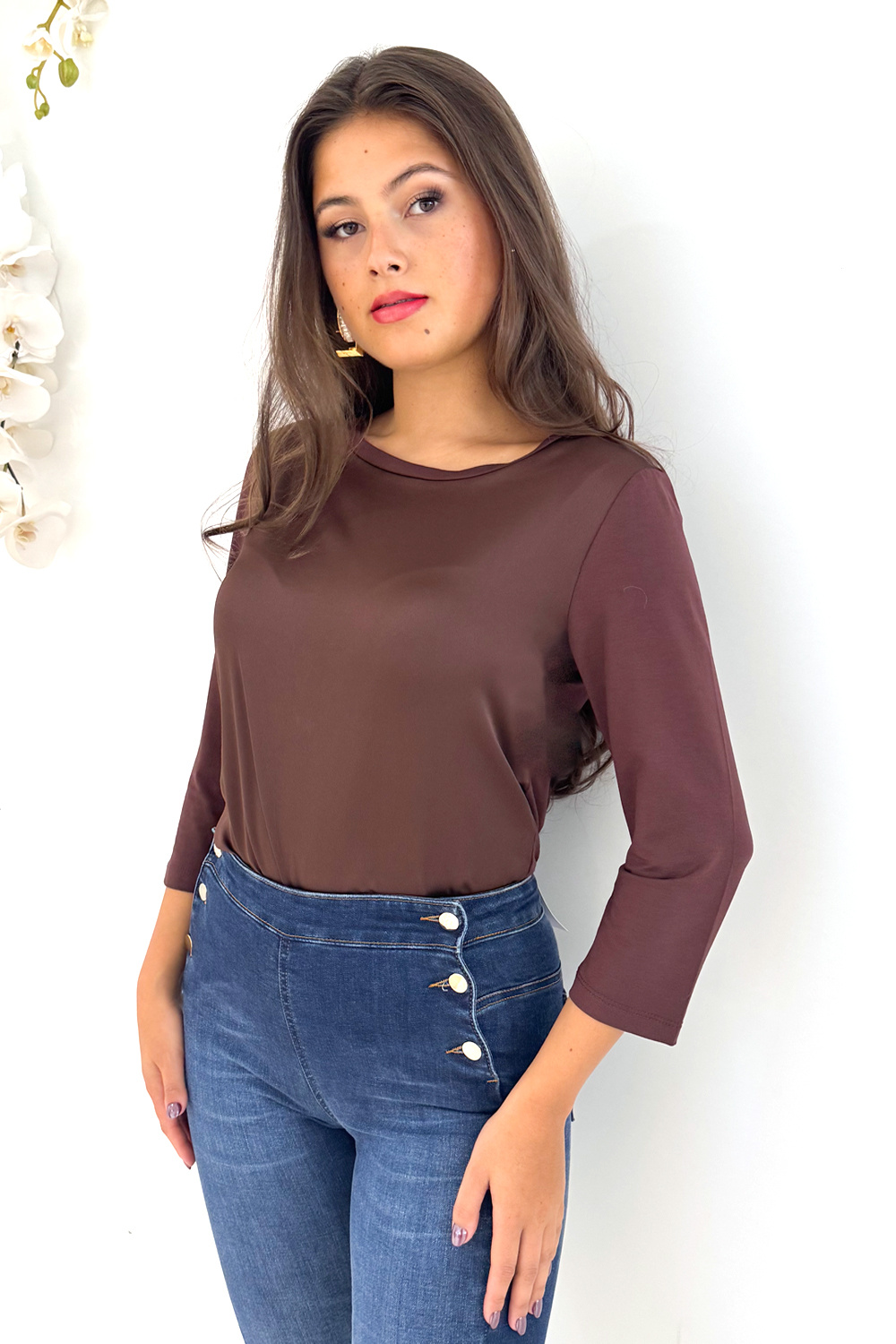 RINASCIMENTO Rinascimento top halflange mouw stretch kwaliteit chocoladebruin / BRUIN