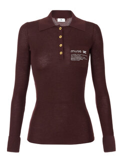 ELISABETTA FRANCHI Elisabetta Franchi ribbed polo top with text on chest Merlot / BORDEAUX RED