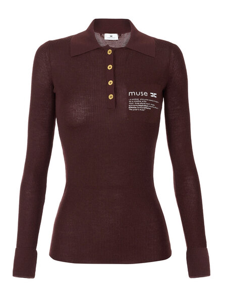 ELISABETTA FRANCHI Elisabetta Franchi polo top in ribstof met tekst op borst Merlot / BORDEAUXROOD
