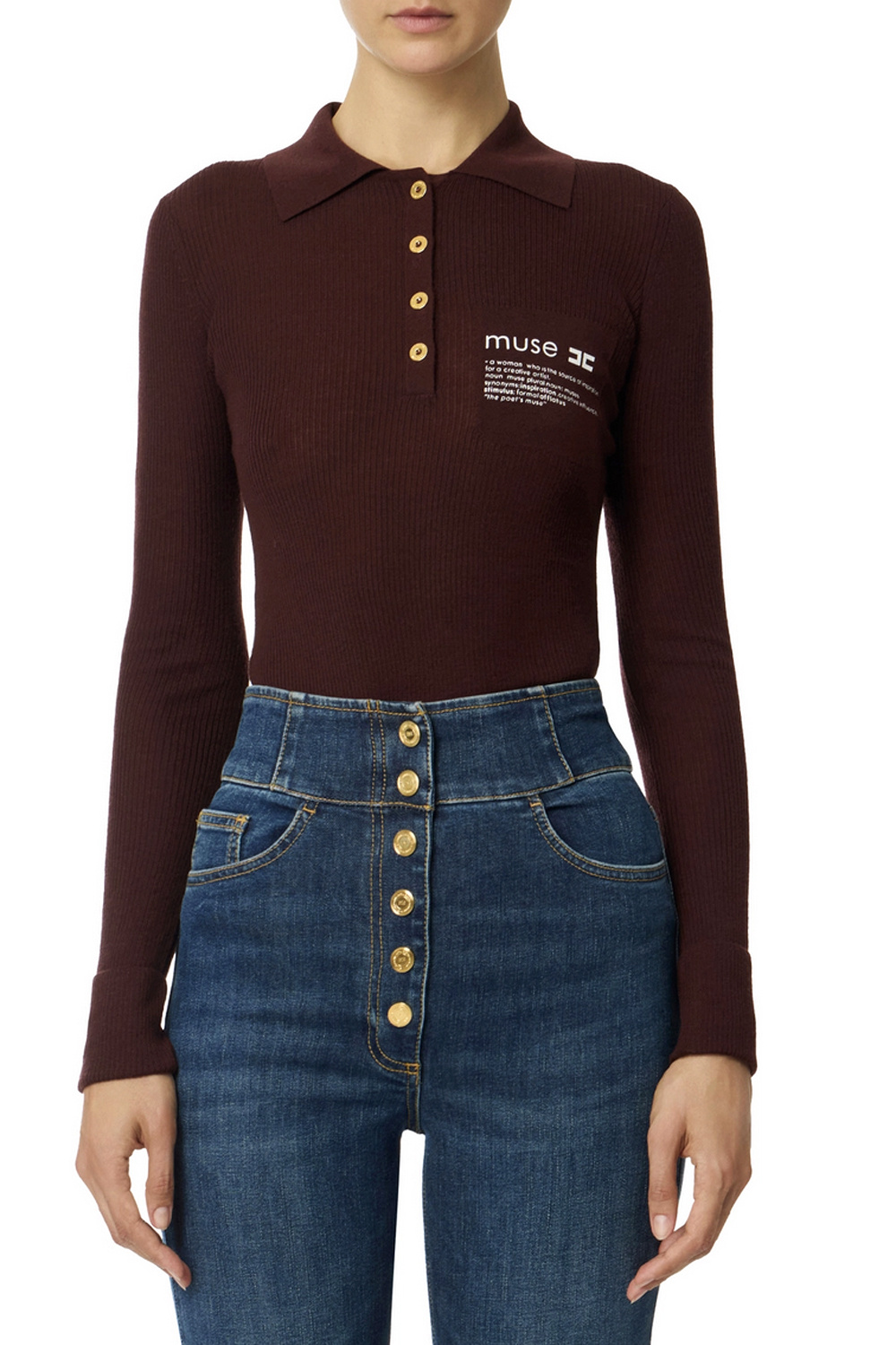 ELISABETTA FRANCHI Elisabetta Franchi ribbed polo top with text on chest Merlot / BORDEAUX RED
