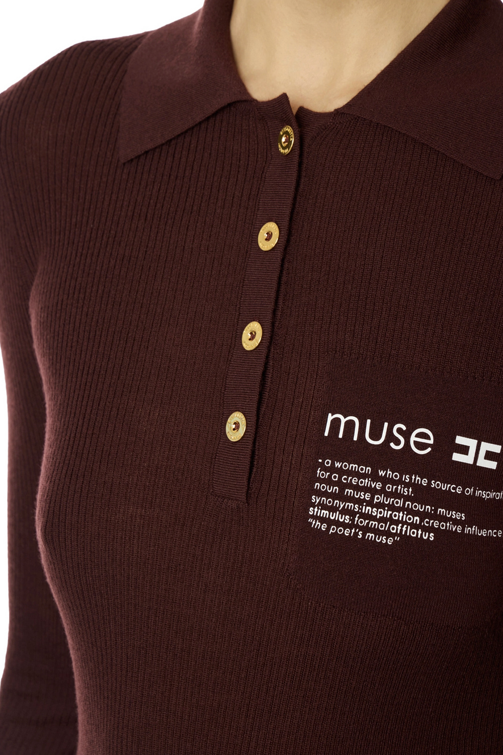 ELISABETTA FRANCHI Elisabetta Franchi ribbed polo top with text on chest Merlot / BORDEAUX RED