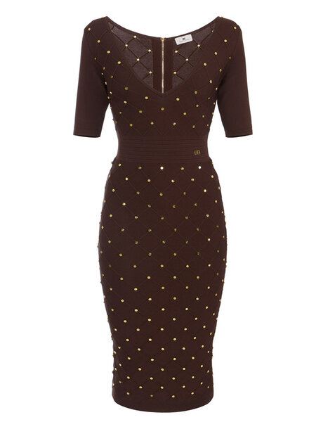 ELISABETTA FRANCHI Elisabetta Franchi jurk met v hals en gouden details all over Coffee / BRUIN