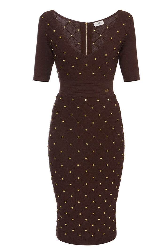 ELISABETTA FRANCHI Elisabetta Franchi jurk met v hals en gouden details all over Coffee / BRUIN