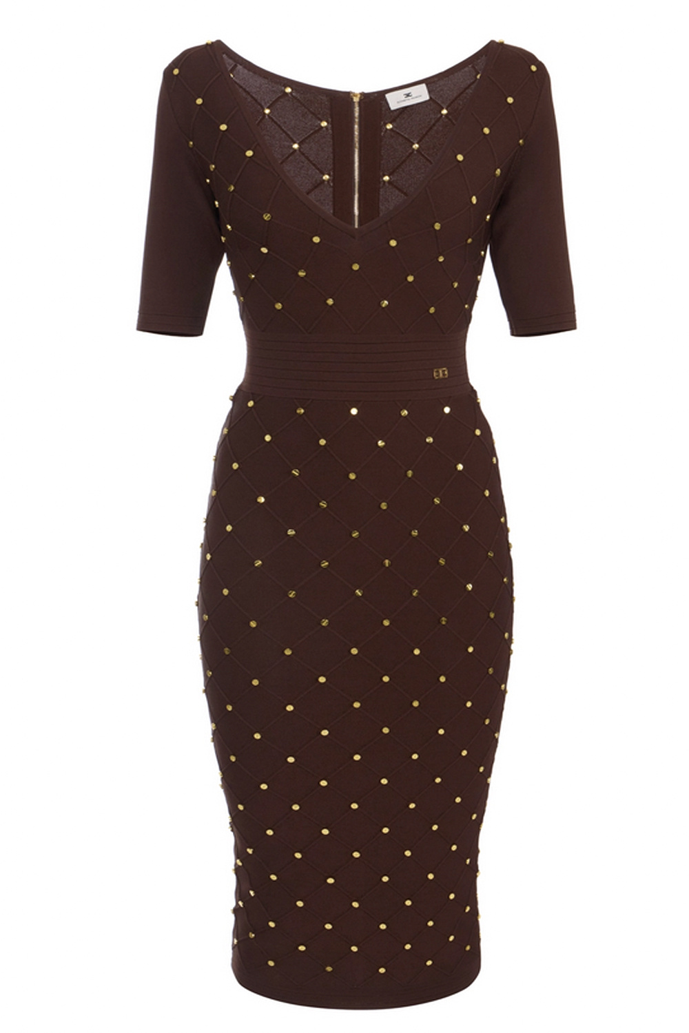 ELISABETTA FRANCHI Elisabetta Franchi jurk met v hals en gouden details all over Coffee / BRUIN