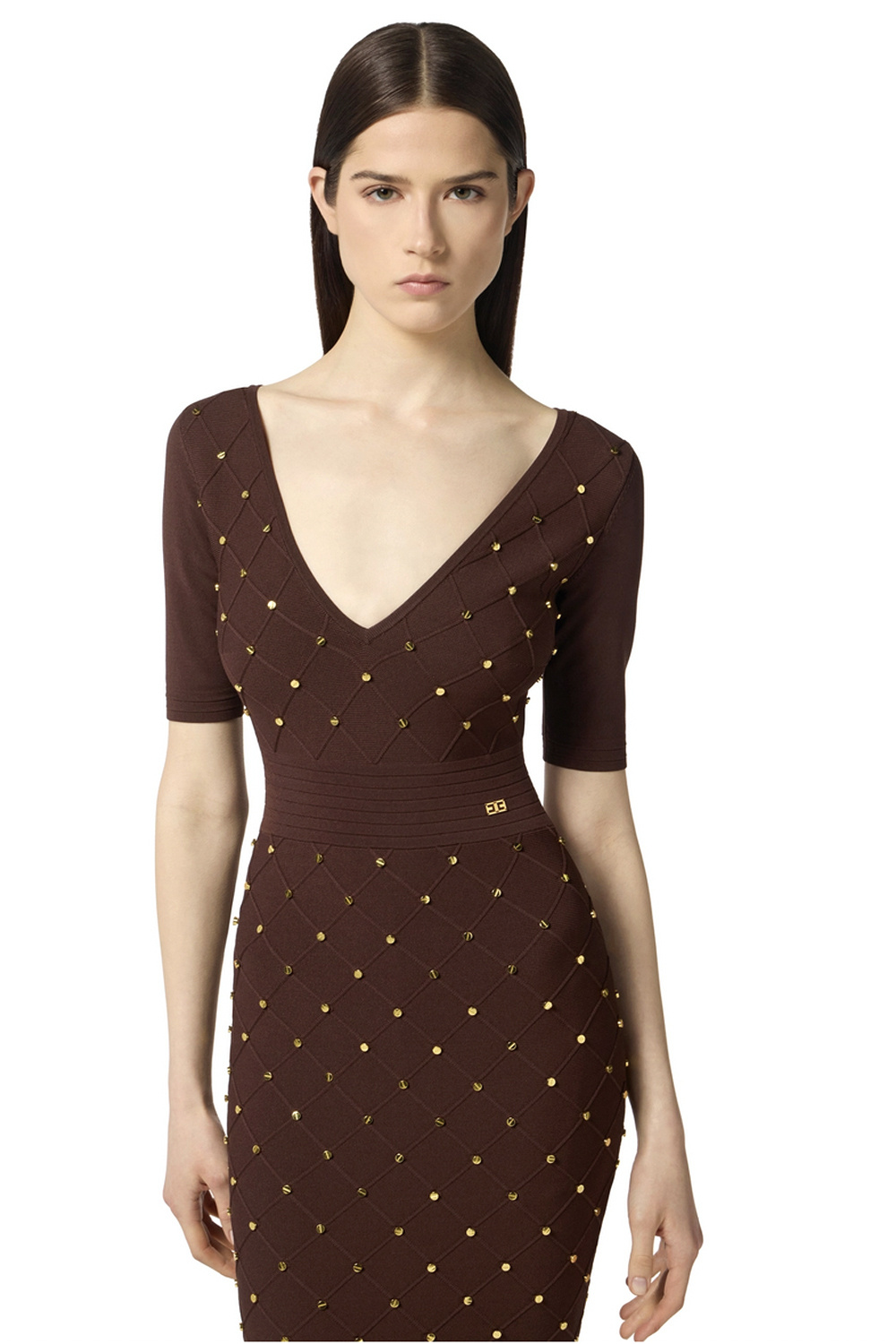 ELISABETTA FRANCHI Elisabetta Franchi jurk met v hals en gouden details all over Coffee / BRUIN