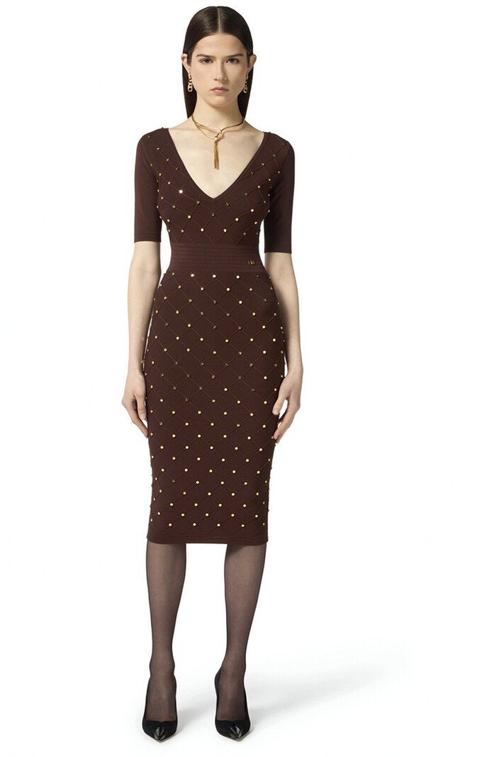 ELISABETTA FRANCHI Elisabetta Franchi jurk met v hals en gouden details all over Coffee / BRUIN