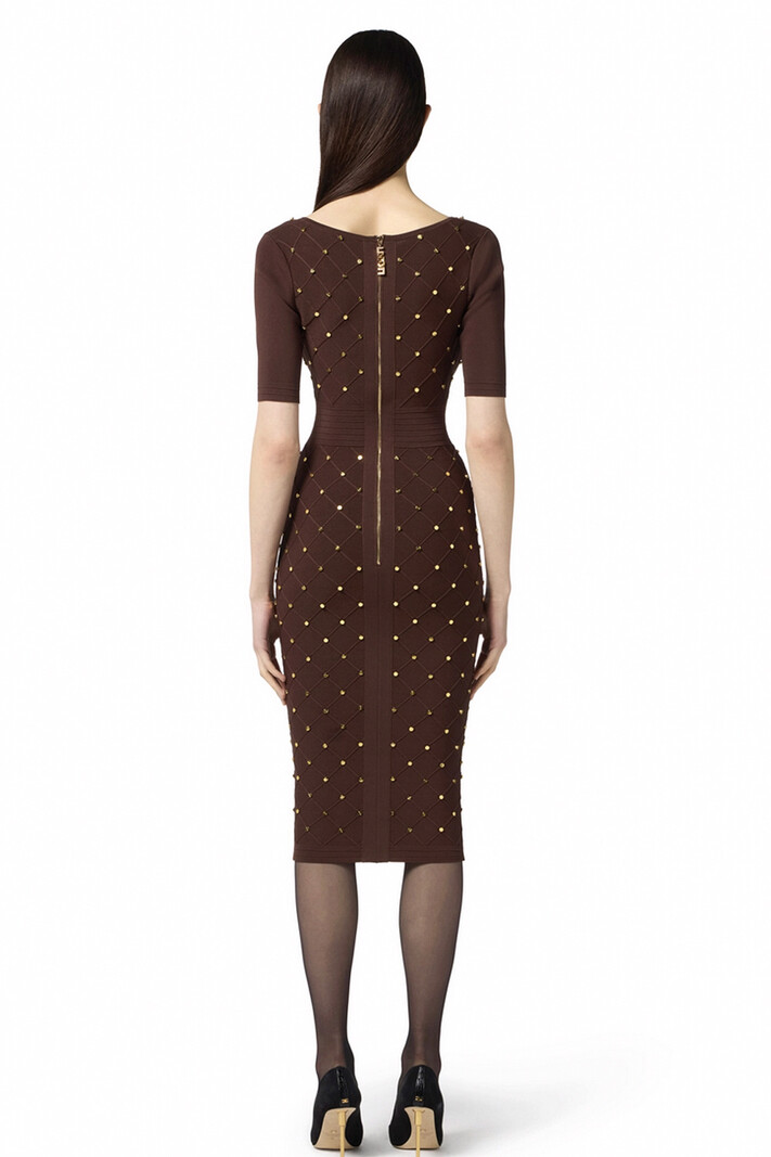 ELISABETTA FRANCHI Elisabetta Franchi jurk met v hals en gouden details all over Coffee / BRUIN