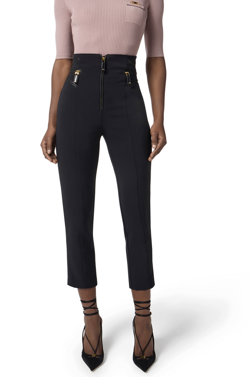 ELISABETTA FRANCHI Elisabetta Franchi pantalon met smalle broekspijp en lederen details Nero / ZWART