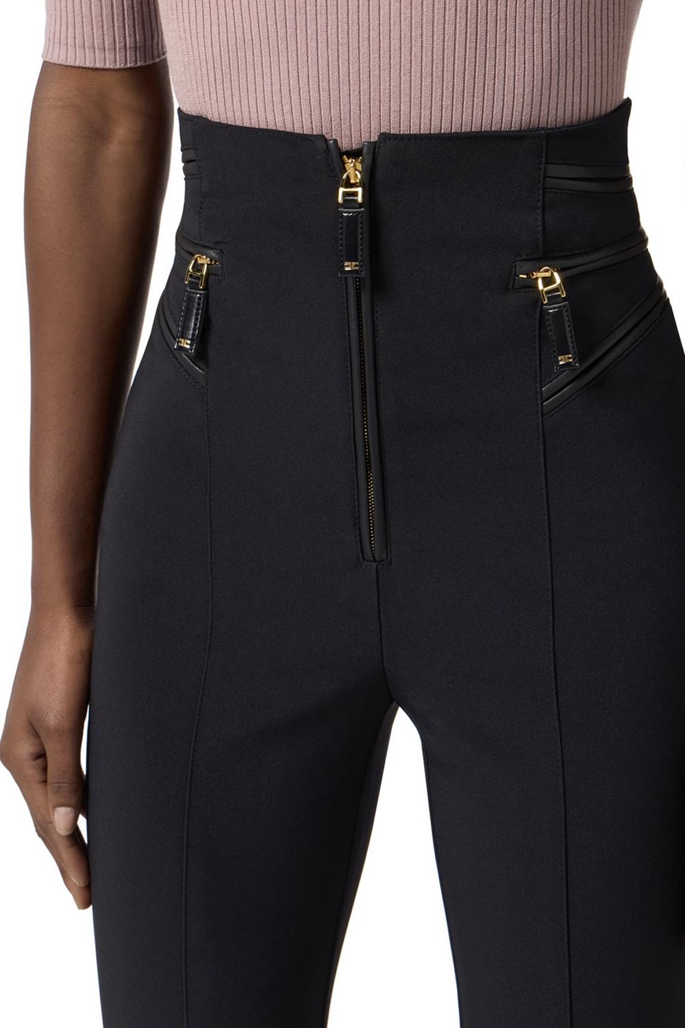 ELISABETTA FRANCHI Elisabetta Franchi pantalon met smalle broekspijp en lederen details Nero / ZWART