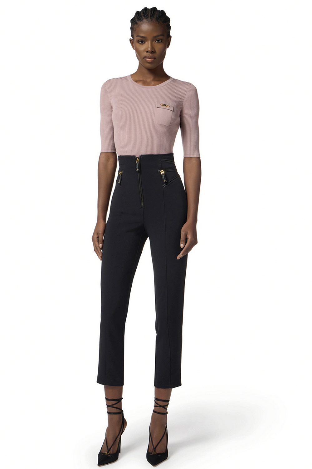 ELISABETTA FRANCHI Elisabetta Franchi pantalon met smalle broekspijp en lederen details Nero / ZWART