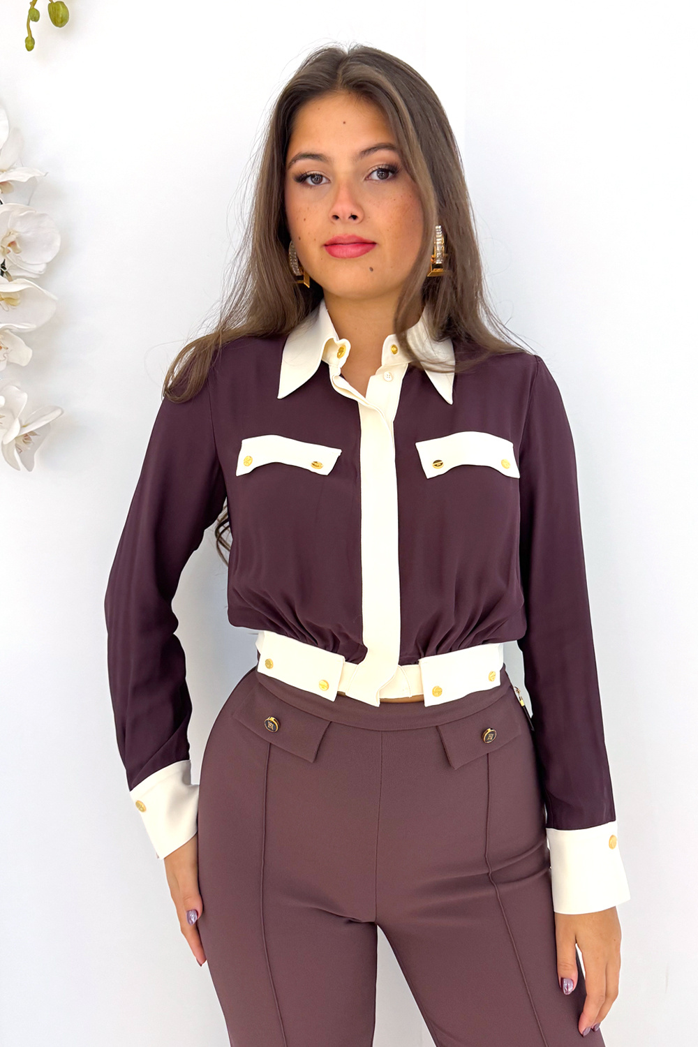 ELISABETTA FRANCHI Elisabetta Franchi two-tone blouse with gold detailing Merlot / BORDEAUX RED