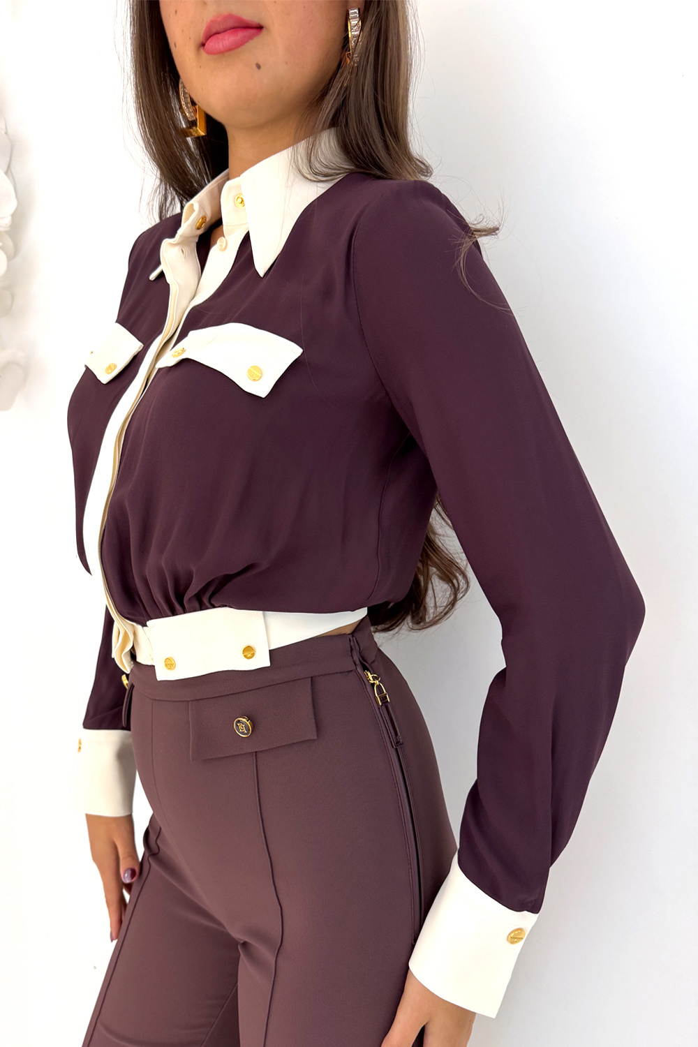 ELISABETTA FRANCHI Elisabetta Franchi two-tone blouse with gold detailing Merlot / BORDEAUX RED