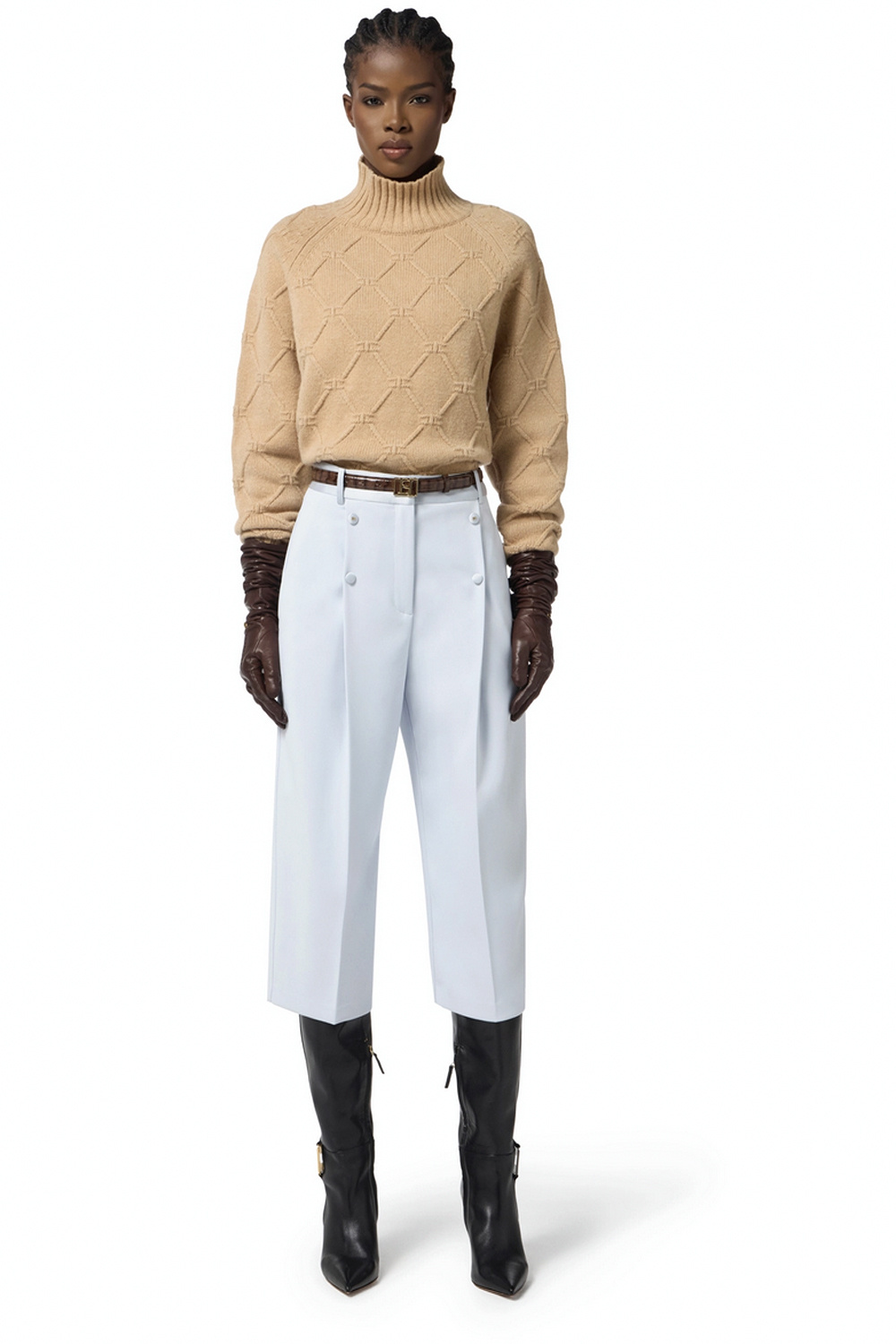 ELISABETTA FRANCHI Elisabetta Franchi knitted jumper with turtleneck in jacquard fabric Honey / BEIGE