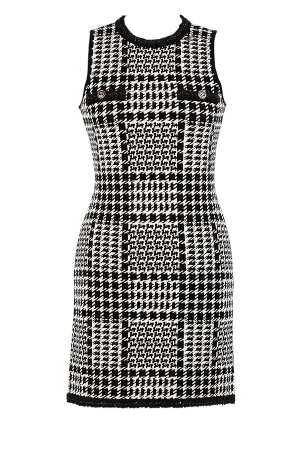 TWINSET Twinset mini dress with luxurious buttons, pied de poule pattern, BLACK and WHITE